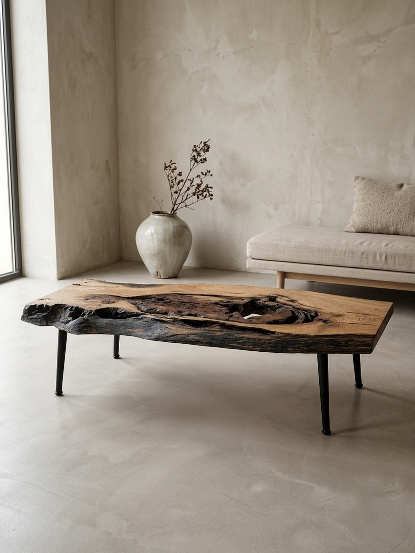 A rustic live-edge wooden coffee table with black metal legs, styled in a minimalist, warm-toned modern living room next to a concrete wall and a neutral sofa.