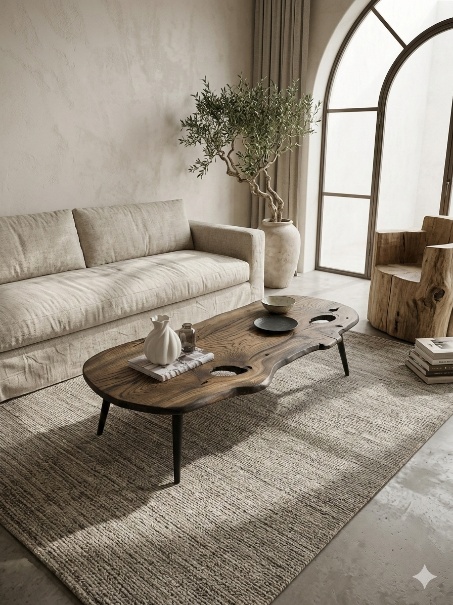 Living room with a beige sofa, wooden coffee table, and decorative elements.